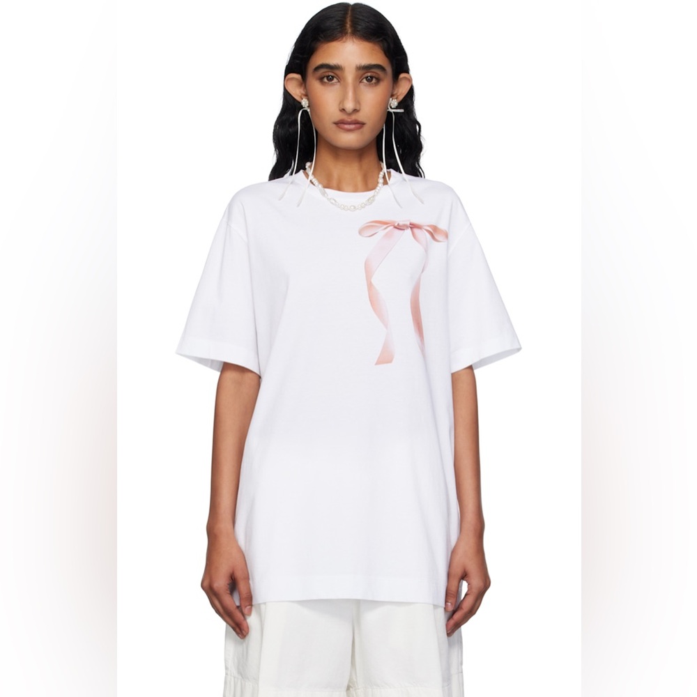 Simone Rocha White Tee with Red Ribbon Accent